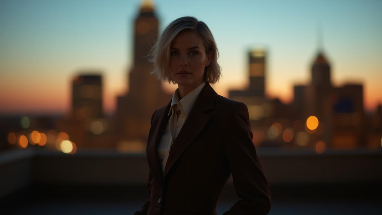 Kansas City cityscape at twilight with a fashionable model