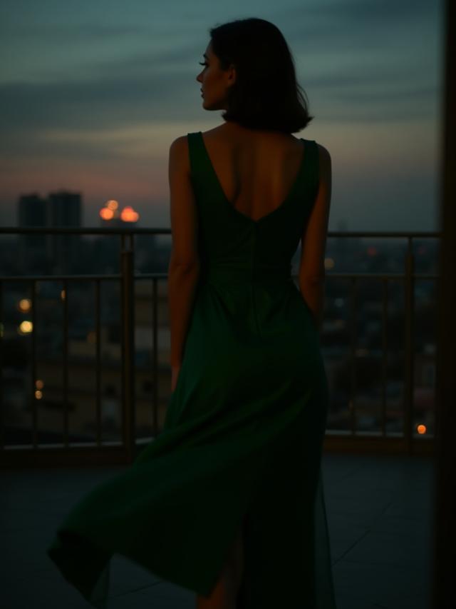 Evening midi dress in emerald bias cut