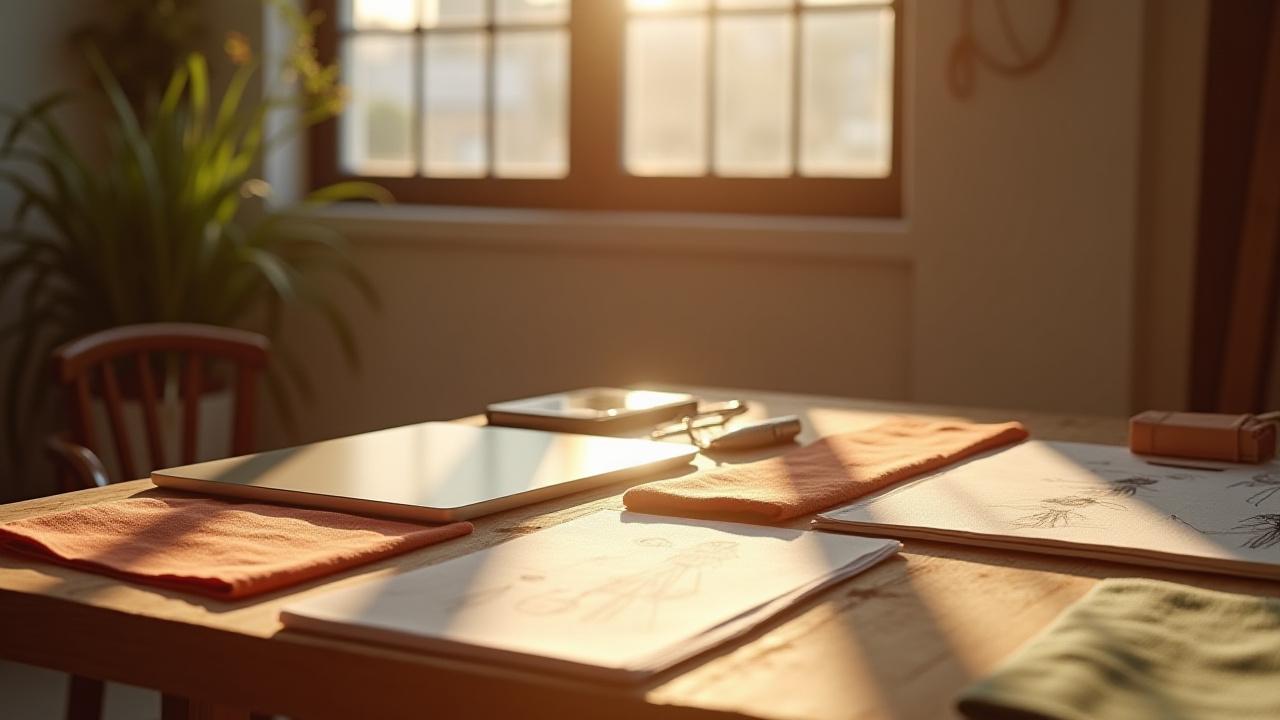 A sophisticated styling workspace in Kansas City with fabric swatches and a minimalist mood board