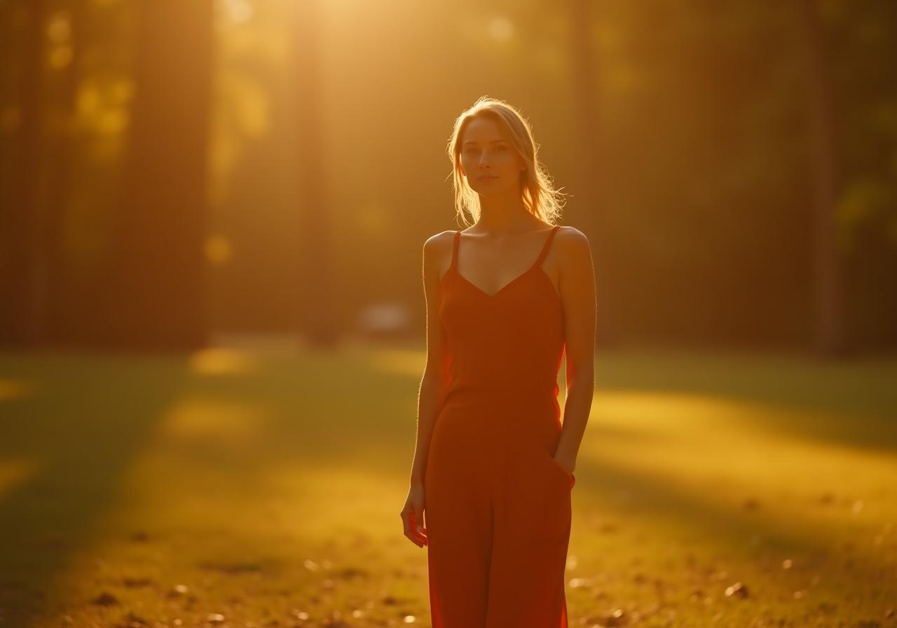 Model wearing a TENCEL™ jumpsuit in a sun-drenched Kansas City park