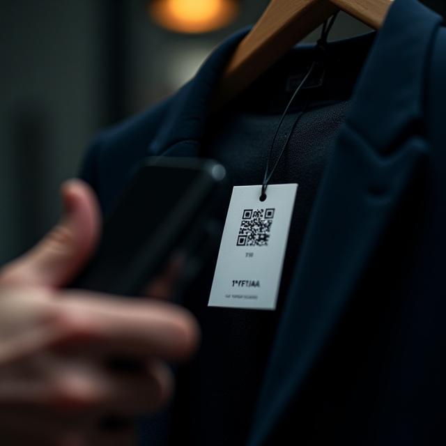 Close up of a smart phone scanning a minimalist hanging tag on a garment